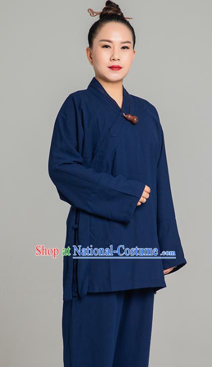 Asian Chinese Traditional Taoist Nun Navy Flax Blouse and Pants Martial Arts Costumes China Kung Fu Garment Outfits for Women