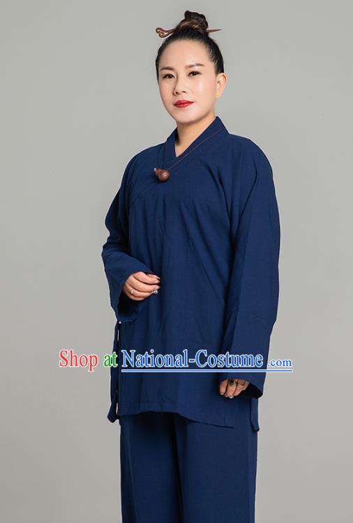 Asian Chinese Traditional Taoist Nun Navy Flax Blouse and Pants Martial Arts Costumes China Kung Fu Garment Outfits for Women