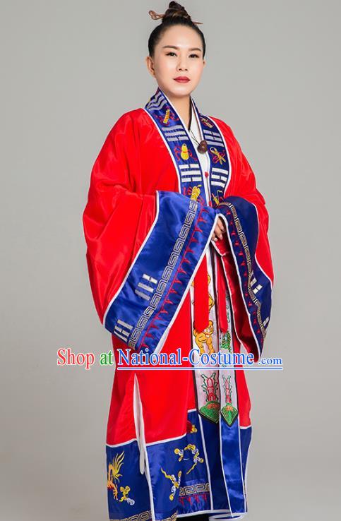 Traditional Chinese Taoist Nun Red Koshibo Priest Frock Martial Arts Costumes China Taoism Tai Chi Garment Embroidered Pagoda Gown for Women