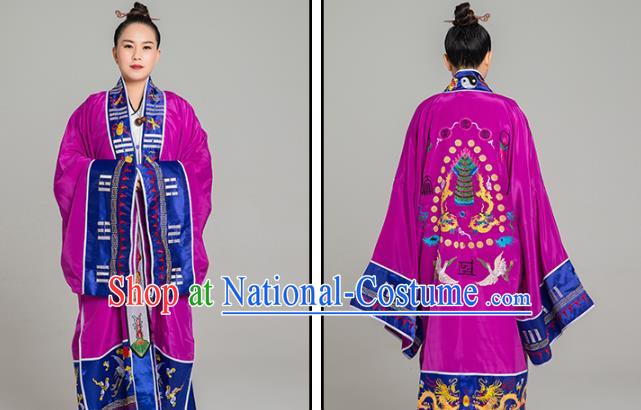 Traditional Chinese Taoist Nun Purple Koshibo Priest Frock Martial Arts Costumes China Taoism Tai Chi Garment Embroidered Pagoda Gown for Women