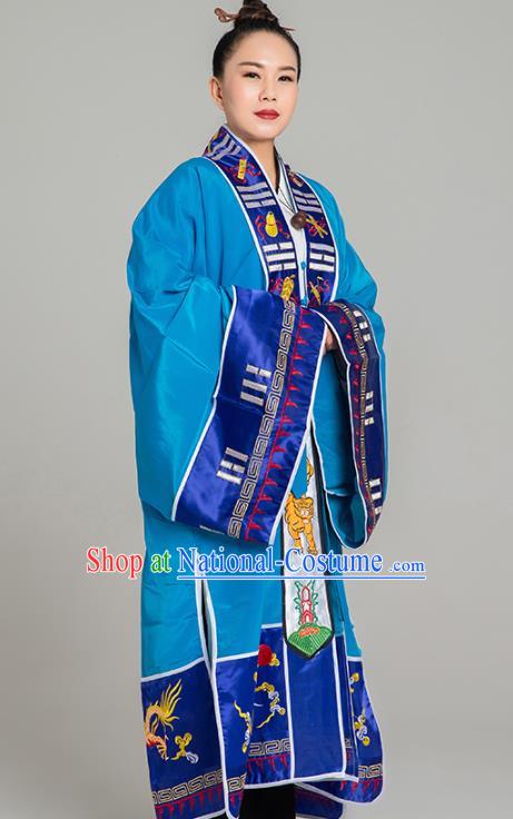 Traditional Chinese Taoist Nun Blue Koshibo Priest Frock Martial Arts Costumes China Taoism Tai Chi Garment Embroidered Pagoda Gown for Women