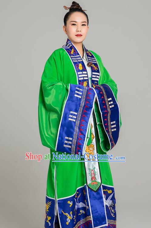 Traditional Chinese Taoist Nun Green Koshibo Priest Frock Martial Arts Costumes China Taoism Tai Chi Garment Embroidered Pagoda Gown for Women