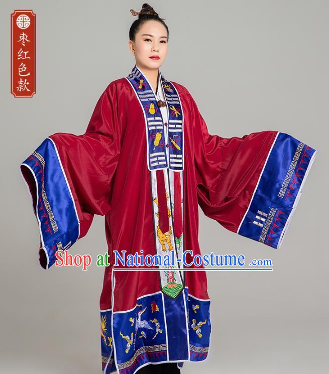 Traditional Chinese Taoist Nun Purplish Red Koshibo Priest Frock Martial Arts Costumes China Taoism Tai Chi Garment Embroidered Pagoda Gown for Women