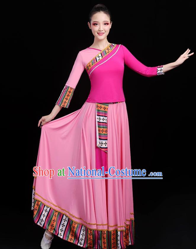 Traditional Chinese Folk Dance Costumes Stage Show Garment Pink Dress for Women