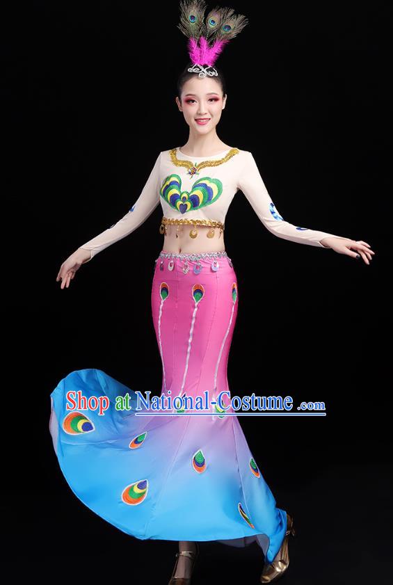 Chinese Traditional Dai Ethnic Dance Costumes Folk Dance Apparels Minority Peacock Dance Blouse and Skirt for Women