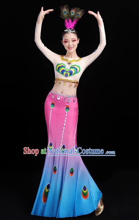 Chinese Traditional Dai Ethnic Dance Costumes Folk Dance Apparels Minority Peacock Dance Blouse and Skirt for Women