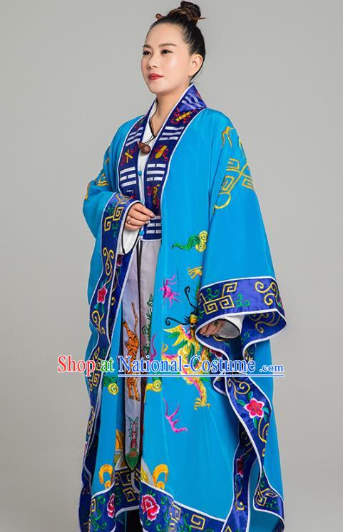 Traditional Chinese Embroidered Dragon Blue Gown Taoist Nun Koshibo Priest Frock Martial Arts Costumes China Taoism Tai Chi Garment for Women