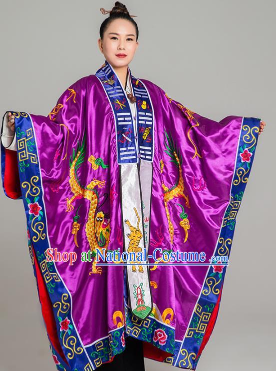 Traditional Chinese Embroidered Dragon Purple Gown Taoist Nun Koshibo Priest Frock Martial Arts Costumes China Taoism Tai Chi Garment for Women