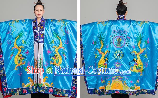 Traditional Chinese Embroidered Blue Silk Gown Priest Frock Martial Arts Costumes China Taoism Taoist Nun Tai Chi Garment for Women