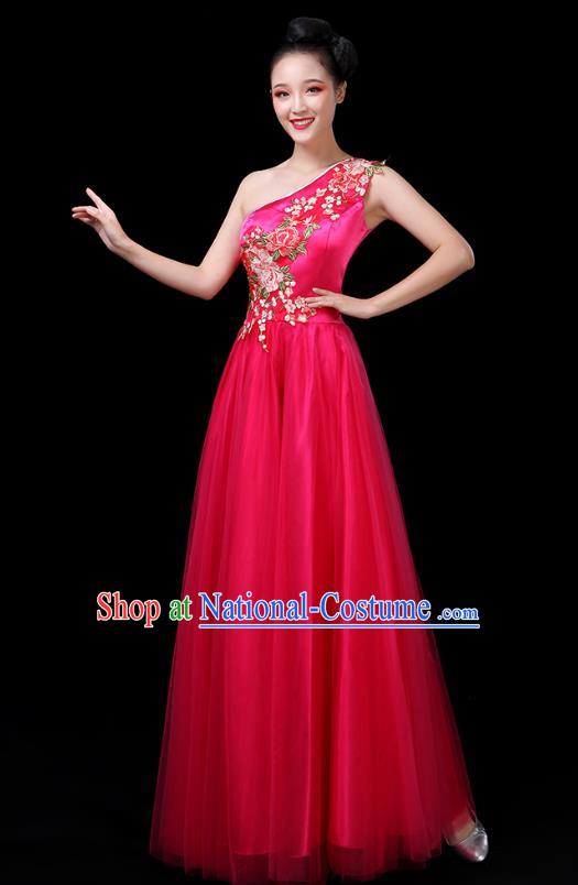 Traditional Chinese Chorus Costumes Stage Show Modern Dance Garment Opening Dance Rosy Single Shoulder Dress for Women