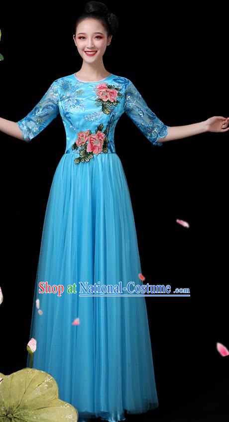 Traditional Chinese Chorus Costumes Stage Show Modern Dance Garment Opening Dance Blue Veil Dress for Women