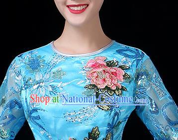 Traditional Chinese Chorus Costumes Stage Show Modern Dance Garment Opening Dance Blue Veil Dress for Women