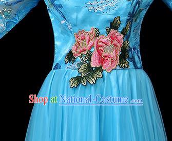 Traditional Chinese Chorus Costumes Stage Show Modern Dance Garment Opening Dance Blue Veil Dress for Women