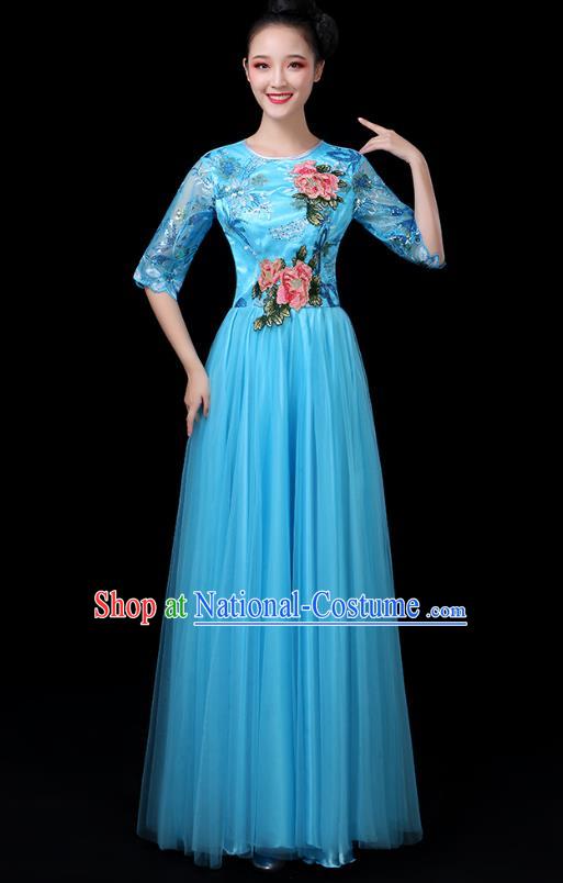 Traditional Chinese Chorus Costumes Stage Show Modern Dance Garment Opening Dance Blue Veil Dress for Women