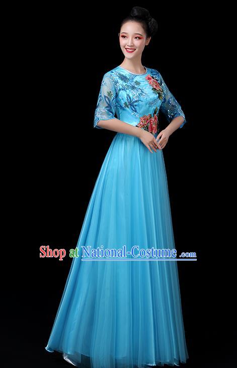 Traditional Chinese Chorus Costumes Stage Show Modern Dance Garment Opening Dance Blue Veil Dress for Women