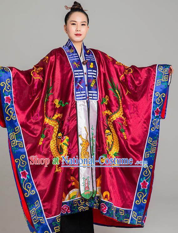 Traditional Chinese Embroidered Purplish Red Silk Gown Priest Frock Martial Arts Costumes China Taoism Taoist Nun Tai Chi Garment for Women