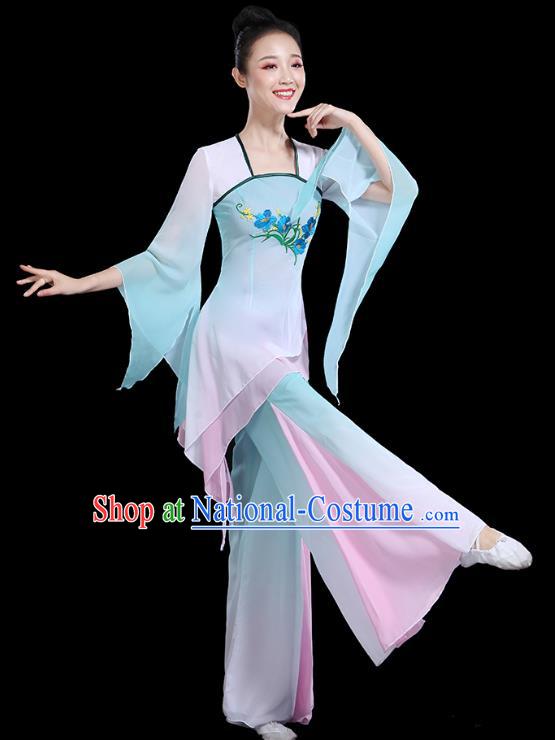 Traditional Chinese Fan Dance Costumes Stage Show Classical Dance Garment Umbrella Dance Blue Blouse and Pants for Women