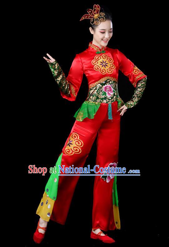 Traditional Chinese Folk Dance Costumes Stage Show Fan Dance Garment Yanko Dance Red Blouse and Pants Outfits for Women