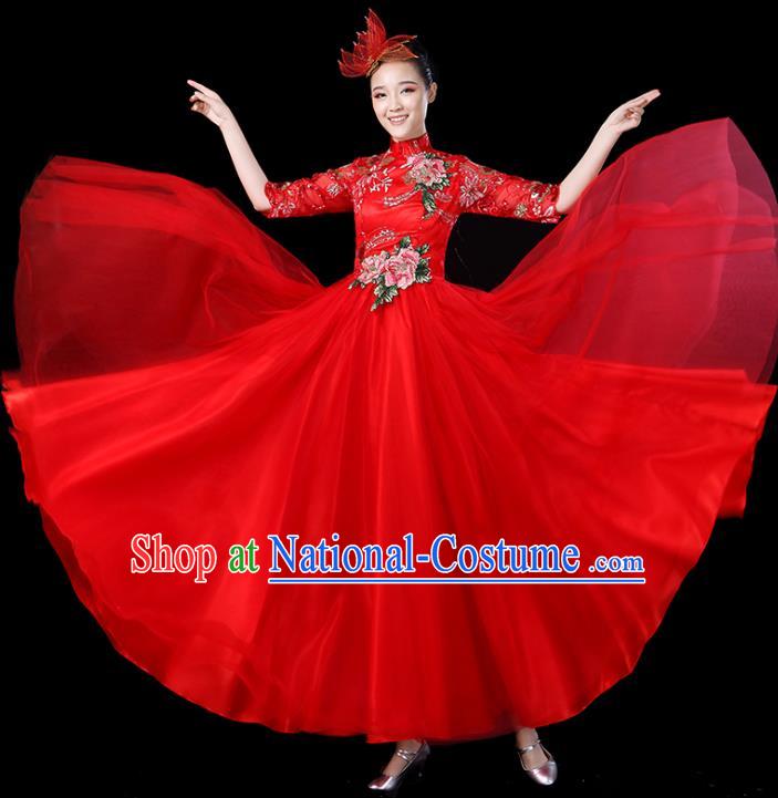 Traditional Chinese Opening Dance Costumes Stage Show Modern Dance Garment Folk Dance Red Dress for Women