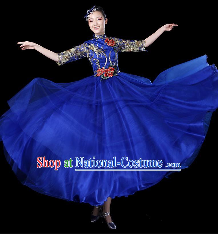 Traditional Chinese Opening Dance Costumes Stage Show Modern Dance Garment Folk Dance Royalblue Dress for Women