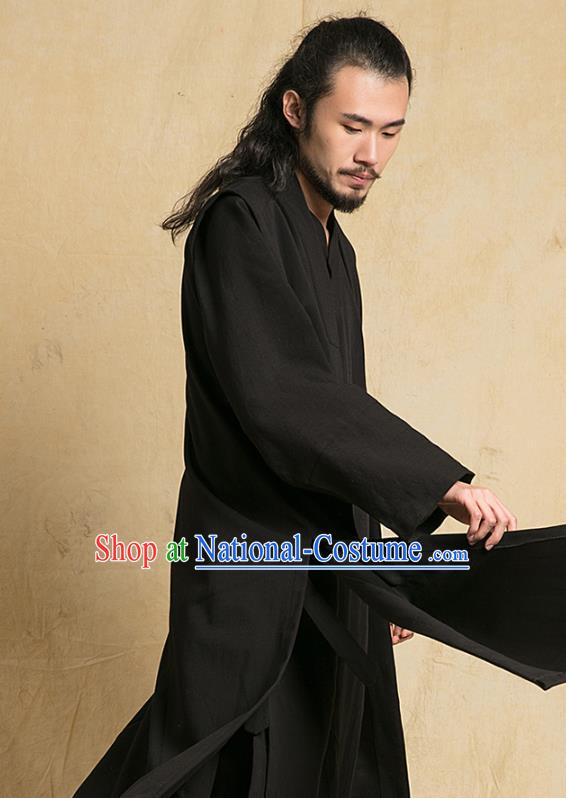 Top Grade Chinese Taoist Uniforms Kung Fu Martial Arts Competition Costume Shaolin Gongfu Black Flax Cape Blouse and Pants for Men