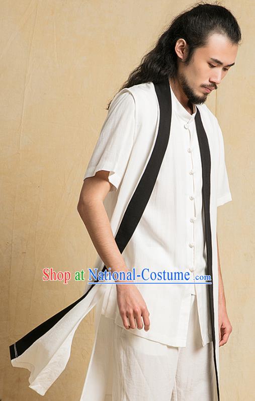 Top Grade Chinese Taoist Uniforms Kung Fu Martial Arts Competition Costume Shaolin Gongfu White Flax Cape Blouse and Pants for Men