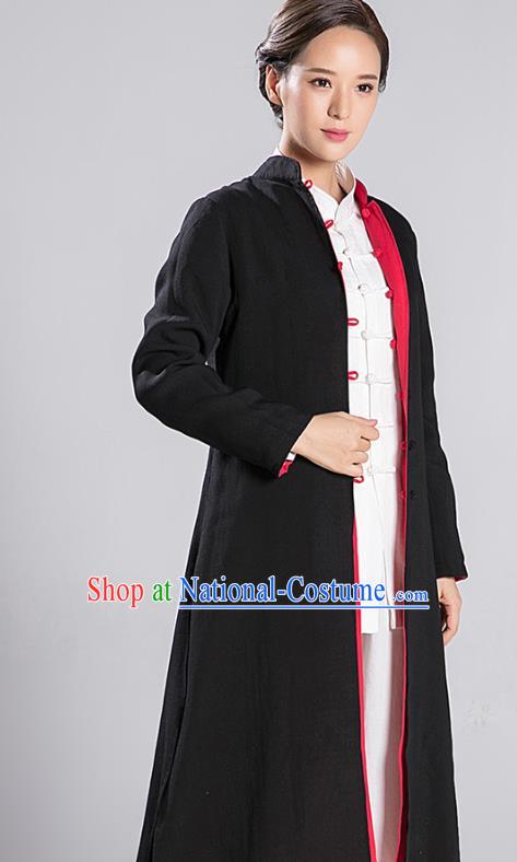 Traditional Chinese Tang Suit Reversible Dust Coat Costumes China Martial Arts Flax Garment Black and Red Overcoat for Women