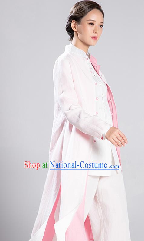 Traditional Chinese Tang Suit Reversible Dust Coat Costumes China Martial Arts Flax Garment White and Pink Overcoat for Women