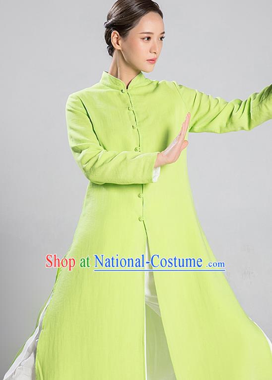 Traditional Chinese Tang Suit Reversible Dust Coat Costumes China Martial Arts Flax Garment White and Green Overcoat for Women