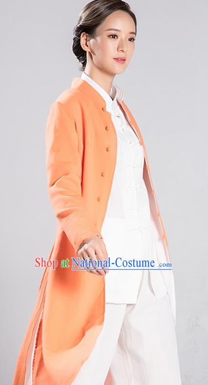 Traditional Chinese Tang Suit Reversible Dust Coat Costumes China Martial Arts Flax Garment White and Orange Overcoat for Women