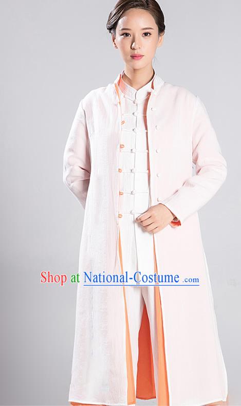 Traditional Chinese Tang Suit Reversible Dust Coat Costumes China Martial Arts Flax Garment White and Orange Overcoat for Women