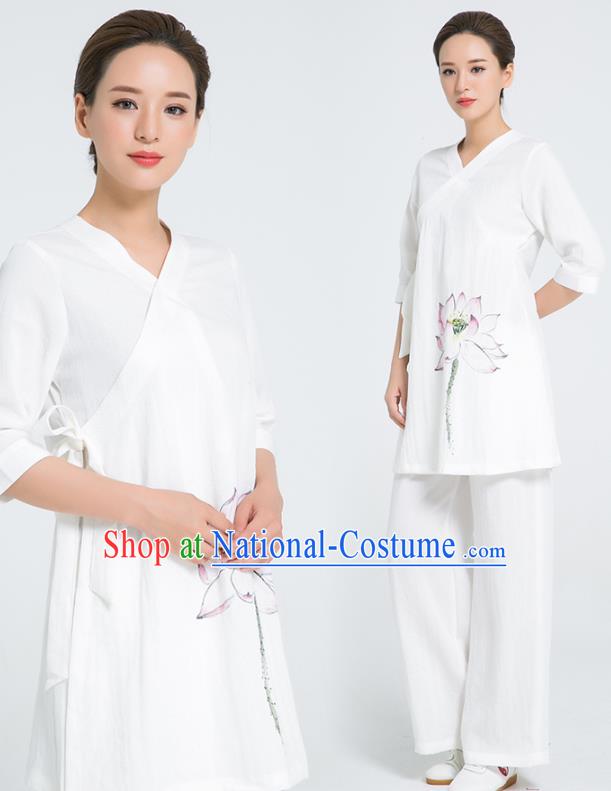 Professional Chinese Hand Painting Lotus White Flax Blouse and Pants Kung Fu Costumes Tai Chi Training Garment Outfits for Women