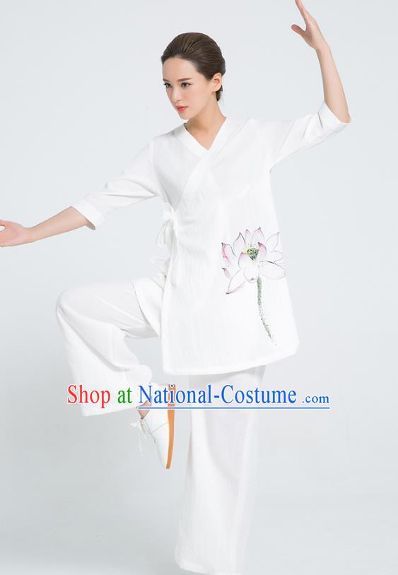 Professional Chinese Hand Painting Lotus White Flax Blouse and Pants Kung Fu Costumes Tai Chi Training Garment Outfits for Women