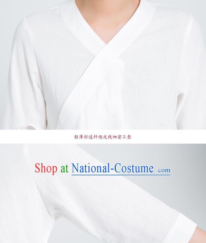 Professional Chinese Hand Painting Lotus White Flax Blouse and Pants Kung Fu Costumes Tai Chi Training Garment Outfits for Women