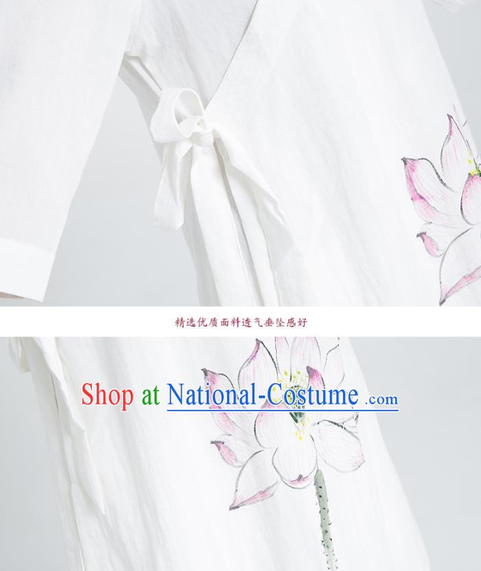 Professional Chinese Hand Painting Lotus White Flax Blouse and Pants Kung Fu Costumes Tai Chi Training Garment Outfits for Women