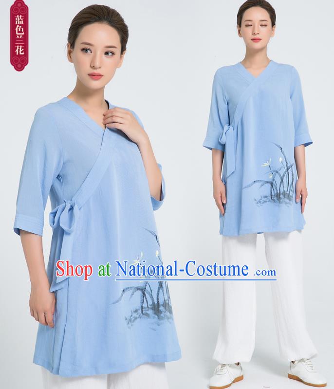 Professional Chinese Hand Painting Orchid Blue Flax Blouse and Pants Kung Fu Costumes Tai Chi Training Garment Outfits for Women