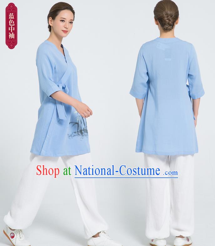 Professional Chinese Hand Painting Orchid Blue Flax Blouse and Pants Kung Fu Costumes Tai Chi Training Garment Outfits for Women