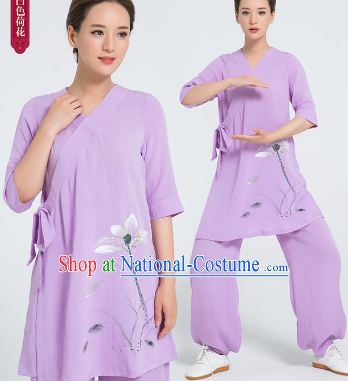 Professional Chinese Hand Painting Lotus Lilac Flax Blouse and Pants Kung Fu Costumes Tai Chi Training Garment Outfits for Women