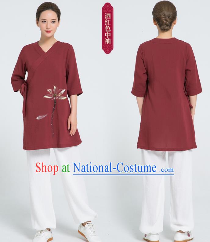 Professional Chinese Hand Painting Lotus Wine Red Flax Blouse and Pants Kung Fu Costumes Tai Chi Training Garment Outfits for Women