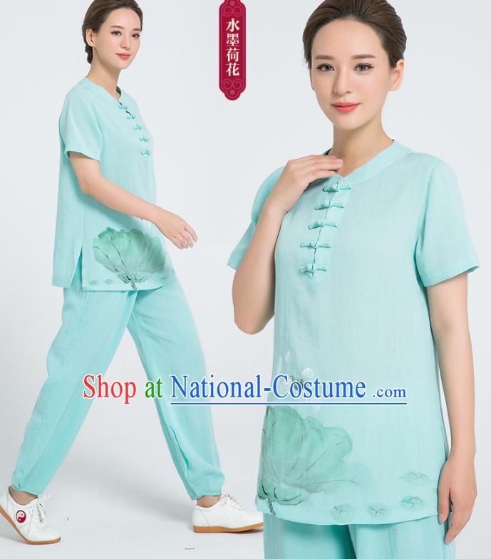 Professional Chinese Tai Chi Hand Painting Lotus Green Flax Blouse and Pants Costumes Kung Fu Training Garment Martial Arts Outfits for Women