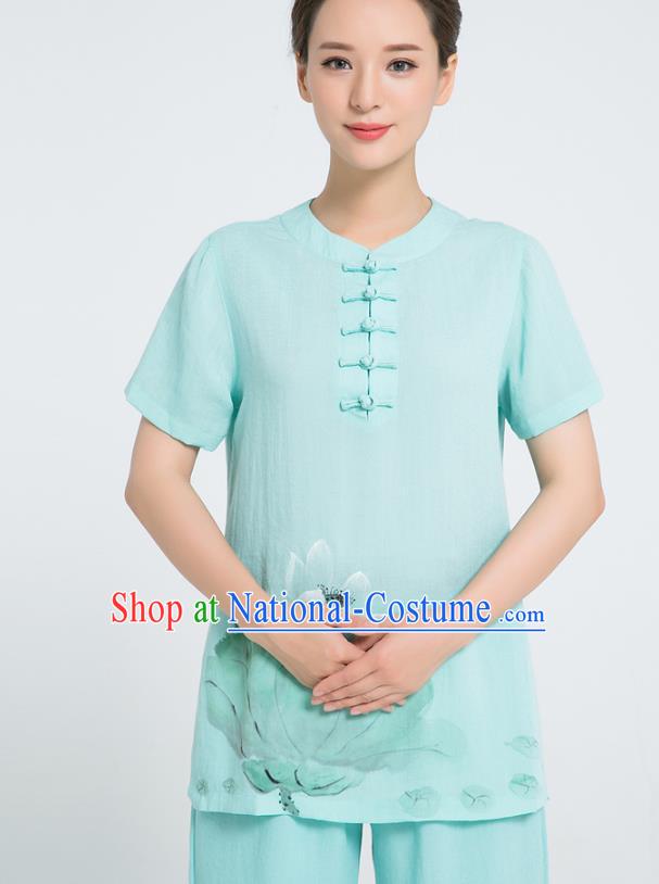 Professional Chinese Tai Chi Hand Painting Lotus Green Flax Blouse and Pants Costumes Kung Fu Training Garment Martial Arts Outfits for Women