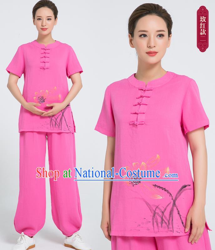 Professional Chinese Tai Chi Hand Painting Lotus Rosy Flax Blouse and Pants Costumes Kung Fu Training Garment Martial Arts Outfits for Women