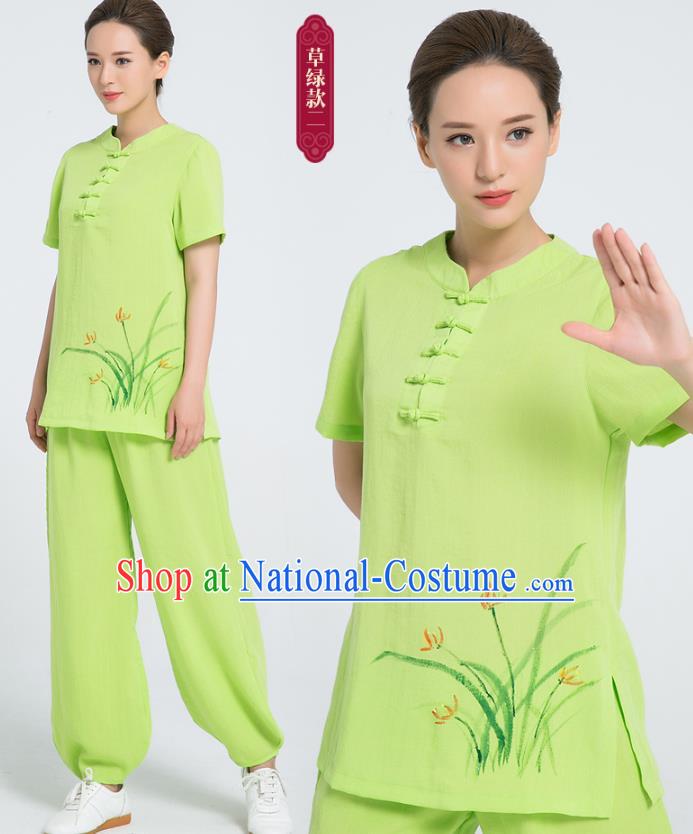 Professional Chinese Tai Chi Hand Painting Orchid Green Flax Blouse and Pants Costumes Kung Fu Training Garment Martial Arts Outfits for Women