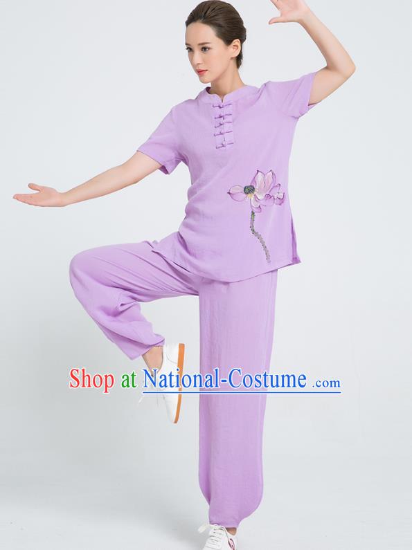 Professional Chinese Tai Chi Hand Painting Lotus Violet Flax Blouse and Pants Costumes Kung Fu Training Garment Martial Arts Outfits for Women