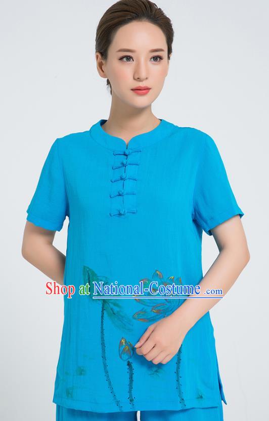 Professional Chinese Tai Chi Hand Painting Lotus Blue Flax Blouse and Pants Costumes Kung Fu Training Garment Martial Arts Outfits for Women