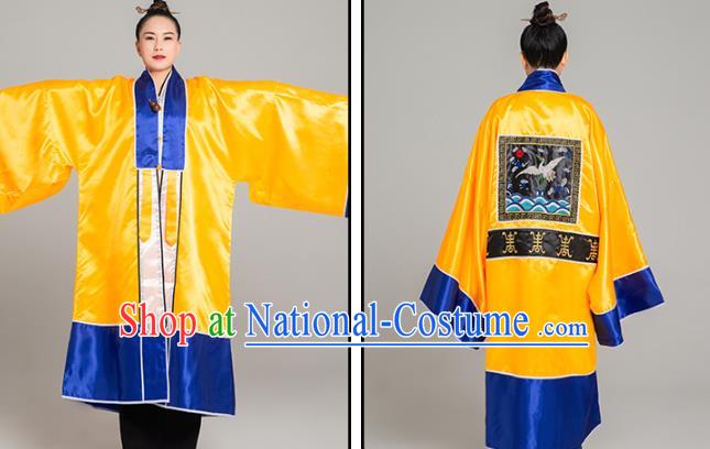 Traditional Chinese Taoist Nun Yellow Trilobal Priest Frock Martial Arts Costumes China Kung Fu Garment Embroidered Crane Gown for Women