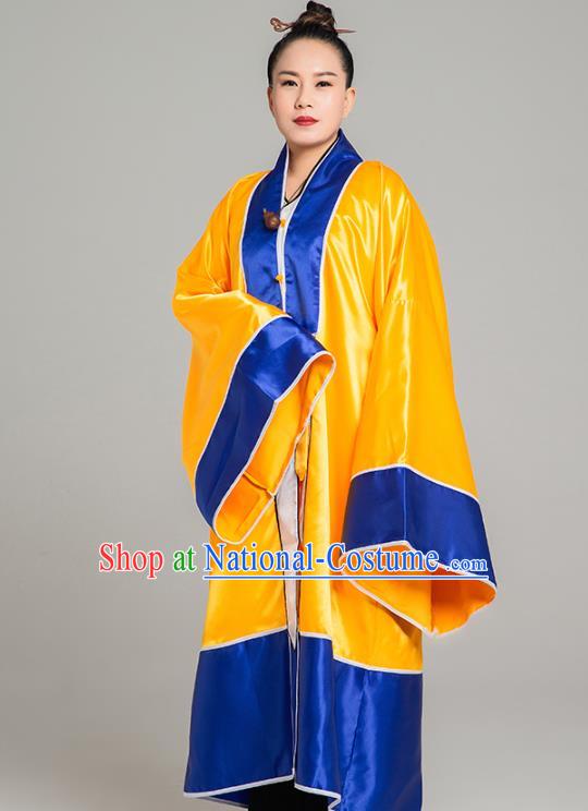 Traditional Chinese Taoist Nun Yellow Trilobal Priest Frock Martial Arts Costumes China Kung Fu Garment Embroidered Crane Gown for Women