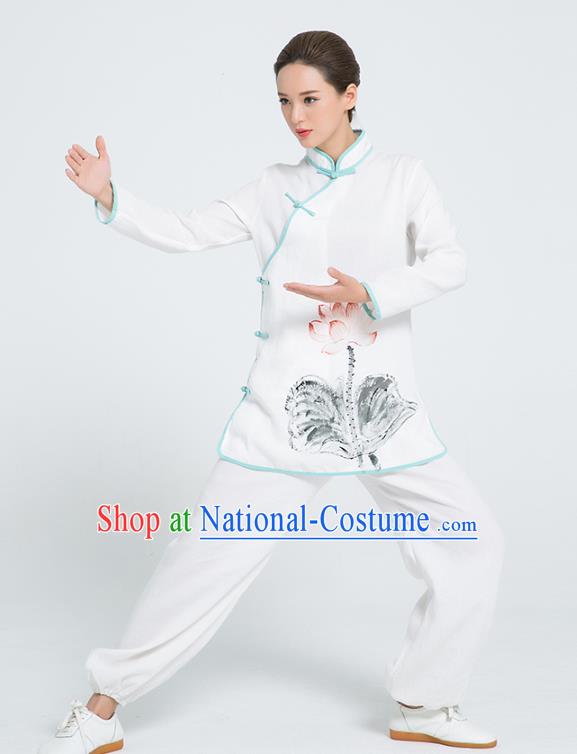 Professional Chinese Martial Arts Hand Painting Lotus White Flax Blouse and Pants Costumes Kung Fu Training Garment Tai Chi Outfits for Women