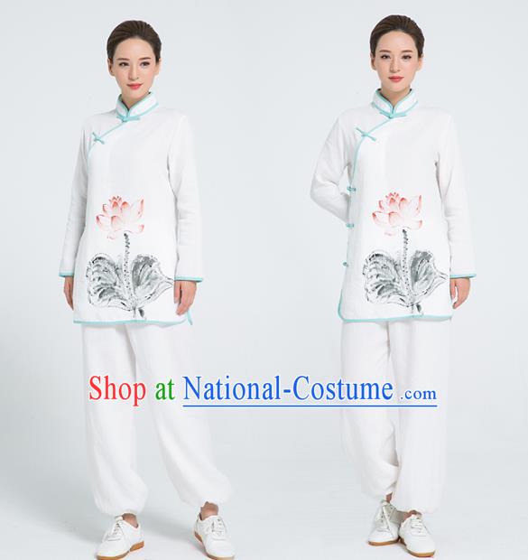 Professional Chinese Martial Arts Hand Painting Lotus White Flax Blouse and Pants Costumes Kung Fu Training Garment Tai Chi Outfits for Women