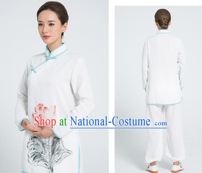 Professional Chinese Martial Arts Hand Painting Lotus White Flax Blouse and Pants Costumes Kung Fu Training Garment Tai Chi Outfits for Women